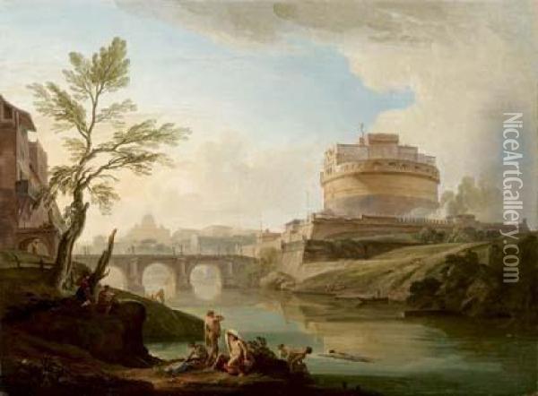 Ponte E Castel Sant'angelo A Roma, Con San Pietro Sullo Sfondo Oil Painting - Jean-Baptiste Lallemand