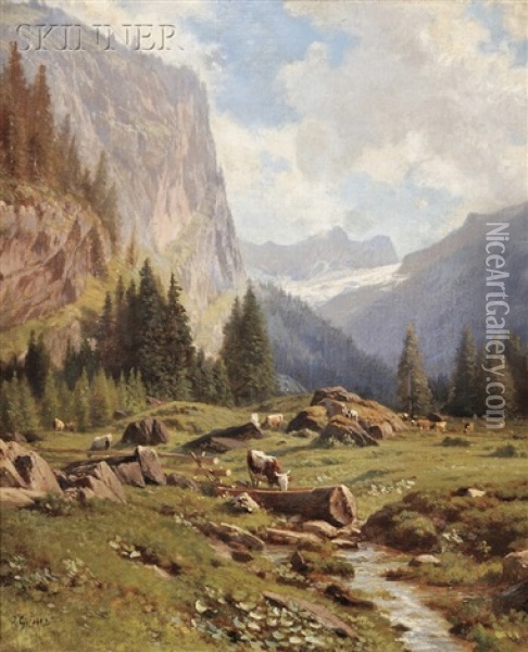 Alpine Views (2 Works) Oil Painting - Johann-Joseph Geisser