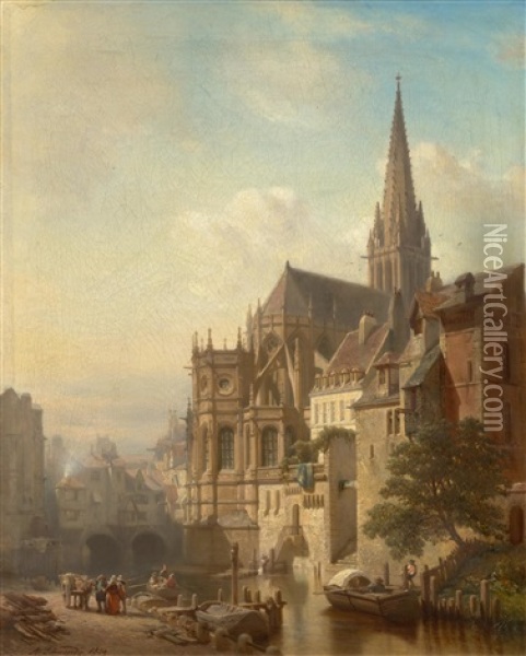 A View Of A Town On A River With A Gothic Cathedral Oil Painting - Albert Schwendy