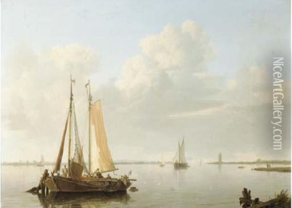 A Calm: Fishing Vessels At Anchor In A River Estuary Oil Painting - Hermanus Koekkoek
