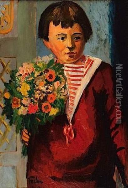 L'enfant Au Bouquet De Fleurs, Circa 1930 Oil Painting - Adolphe Feder