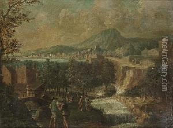 A Wooded River Landscape With Figures Beside A Waterfall, A Town In The Distance Oil Painting - Lodovico Pozzoserrato (see Toeput, Lodewijk)