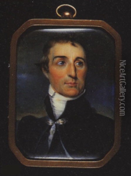 Arthur Wellesley, Duke Of Wellington Wearing Dark Blue Coat And Matching Cloak Secured At His Neck With A White Bow And White Stock Oil Painting - William Grimaldi