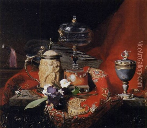 A Silver-mounted Ivory Tankard, A Renaissance Silver-gilt-mounted Agate Cup And A Renaissance Etched Glass On An Agate Stand With An Iris On A Draped Marble Ledge Oil Painting - Blaise Alexandre Desgoffe