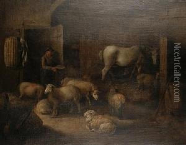 Farm Animals In A Barn Interior Oil Painting - Edmund Bristow