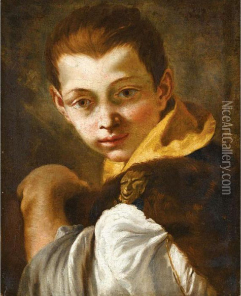 A Study Of A Young Boy, Head And
 Shoulders, Wearing A Furlined Cloak, With A Satyr's Head Clasp, And 
Holding A Book Oil Painting - Giovanni Battista Tiepolo