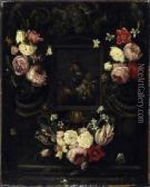 Flower Decoration Surrounding The Central Image Of Mary, Jesus And The Boy John Oil Painting - Jan Philip van Thielen