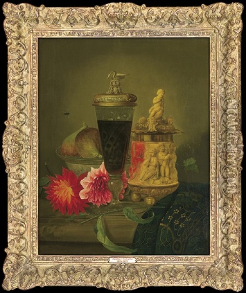 Still Life With Flowers Of Dahlia Oil Painting - Adalbert Schaeffer