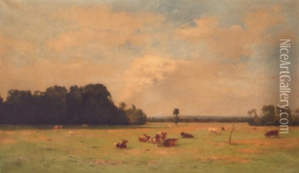 Cattle In A Summer Meadow Oil Painting - Pierre Emmanuel Eugene Damoye