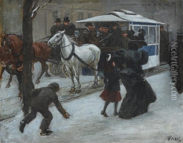 Winterliche Strasenszene Mit Pferdetram Oil Painting - August Von Meissl