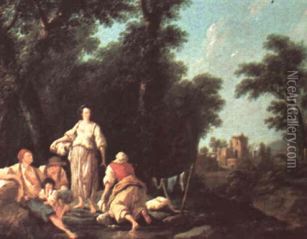 Gypsy Family Laundering In A Stream Amid A Landscape With   Ruin Oil Painting - Jean Baptiste Pillement