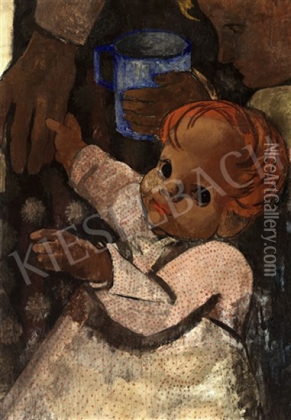 Children With Grandmother (the Blue Mug) Oil Painting - Vilmos Aba-Novak