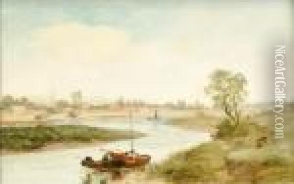 River Landscapewith Boat Oil Painting - Thomas Creswick