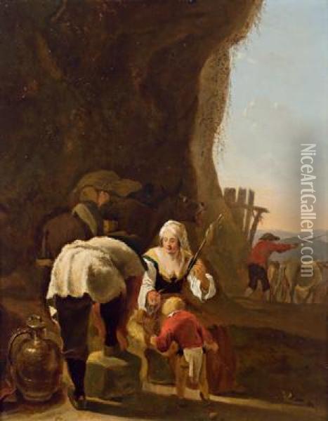 Paesaggio Con Una Filatrice Con Bambino E Un Pastore Oil Painting - Thomas Wyck