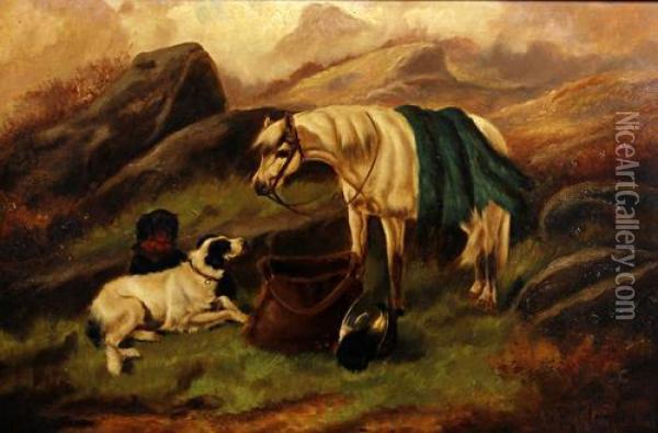 Hounds And Horse With The Days Bag, And Another Similar Oil Painting - Robert Cleminson