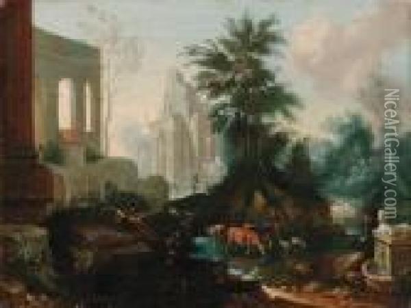Mandria All'abbeverata In Paesaggio Con Rovine Classiche E Sfinge Oil Painting - Jean-Baptiste Lallemand
