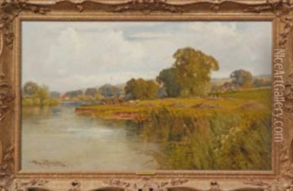 Harvesting Crops On The Banks Of The Thames Oil Painting - Harry Pennell