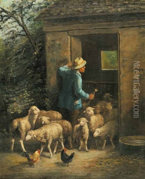 Untitled - Shepherd And His Flock Oil Painting - Charles Emile Jacque