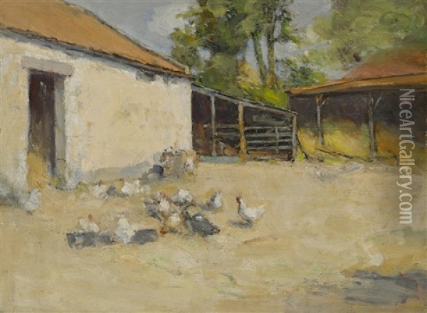 Hens Outside A Barn, Ceres, Scotland Oil Painting - Robert D. Cairns