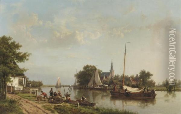 A Village Along A Calm River In Summer Oil Painting - Hermanus Koekkoek