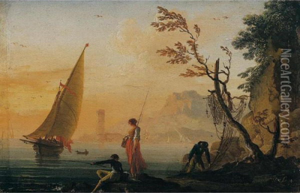 A Coastal Landscape At Sunset With Fisherfolk In The Foreground Oil Painting - Charles Francois Lacroix de Marseille