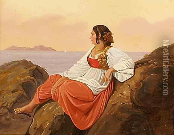 Bellezza Napoletana Con Sfondo Dell'isola Di Capri Oil Painting - Consalvo Carelli