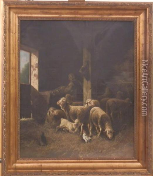 Moutons A L'etable Oil Painting - Jules G. Bahieu