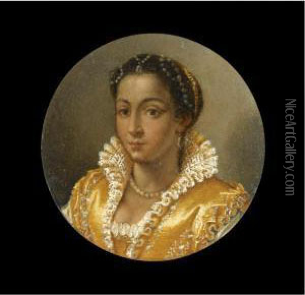 Portrait Of A Girl, Bust-length,
 In A Yellow Silk Dress With A Lace Collar, Wearing A Pearl Necklace And
 String Of Pearls In Her Hair Oil Painting - Lavinia Fontana