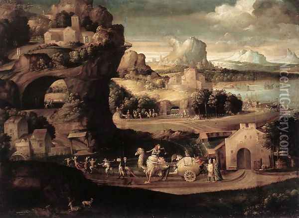 Landscape with Magicians c. 1525 Oil Painting - Girolamo da Carpi
