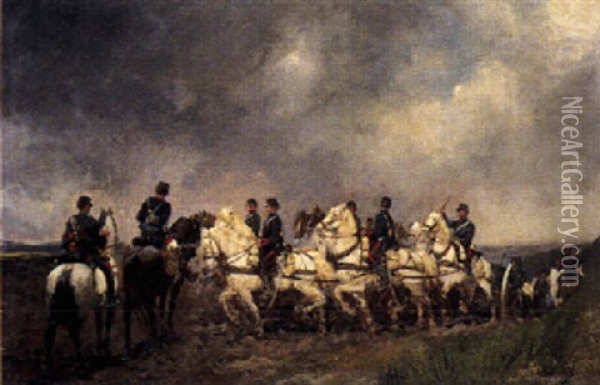 Franzosische Kavallerie Im Gelande Oil Painting - Jules Delaunay
