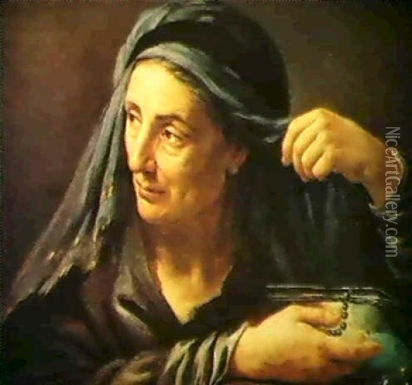 Eine Frau Probiert Scmuckstucke Vor Einem Nicht Sichtbaren  Spiegel Oil Painting - Elisabetta Sirani