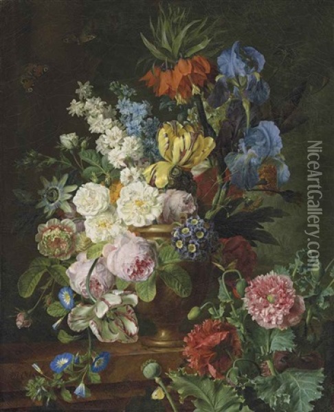 Fritillaria Imperialis, Roses, Tulips, Morning Glory, An Anemone, Auriculas, Irises And A Passion Flower In A Stone Vase On A Ledge Of Red Marble, With Poppies And Butterflies Oil Painting - Jan Frans Van Dael