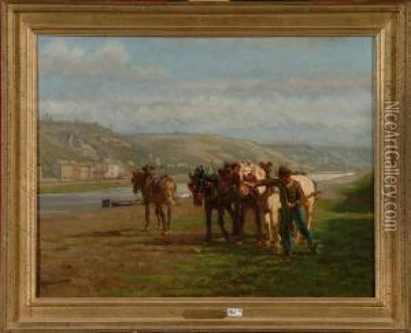 Paysan Et Ses Chevaux En Bord De Fleuve Oil Painting - Cornelis Schermer