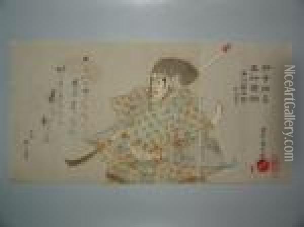 L'acteur Ishikawa Danjuro En Buste Tenant Une Naginata Oil Painting - Toyohara Kunichika