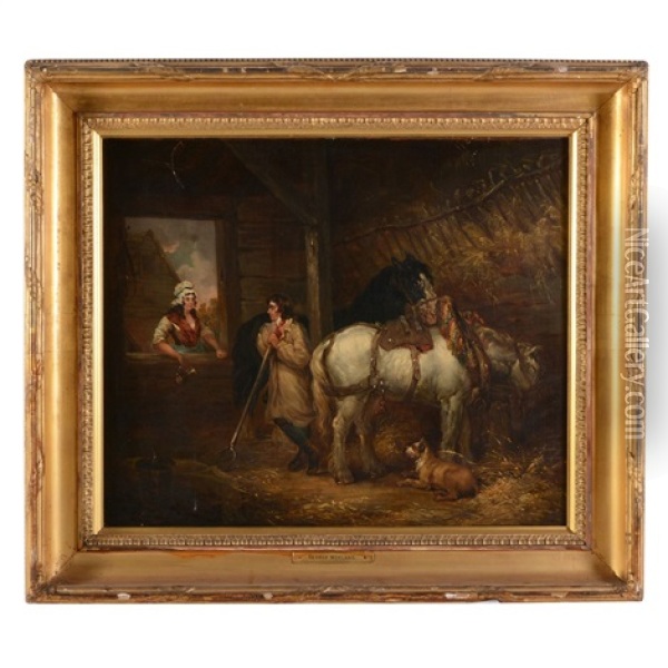 Stable Scene With Horse And Two Figures Conversing Oil Painting - George Morland
