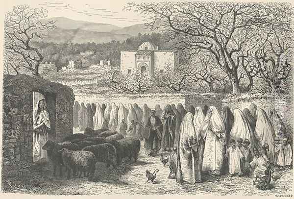 Marabout and Procession: Tlemcen, engraved by Henri Theophile Hildibrand 1824-97 Oil Painting - Edouard Riou