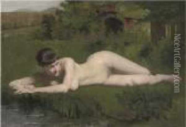 Reclining Nude On The Riverbank Oil Painting - Frank Duveneck