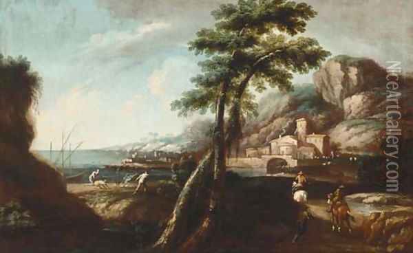 An Italianate landscape with travellers on a track, a port beyond Oil Painting - Andrea Locatelli