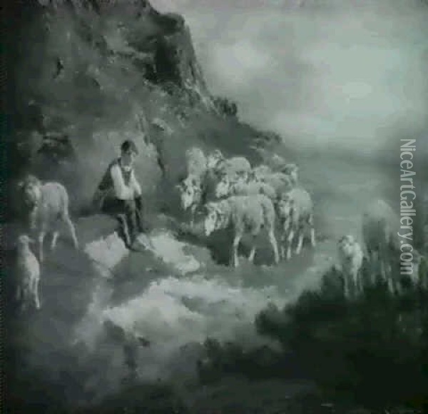 Shepherd Tending His Flock Oil Painting - John (Giovanni) Califano