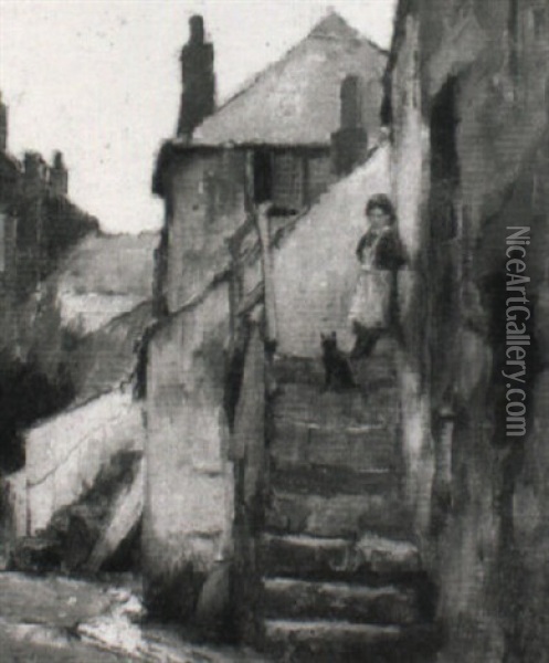 A Young Girl And Her Cat At The Top Of A Small Flight Of Steps Oil Painting - Adam Edwin Proctor