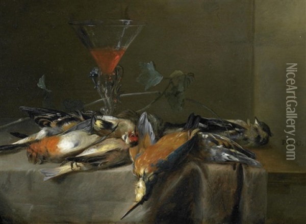 Stillleben Mit Vogeln Und Einem Glas Wein Oil Painting - Pieter van Overschee