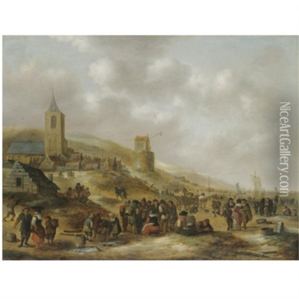 A View Of The Beach At Scheveningen With Fishermen Selling Their Catch Oil Painting - Nicolaes Molenaer