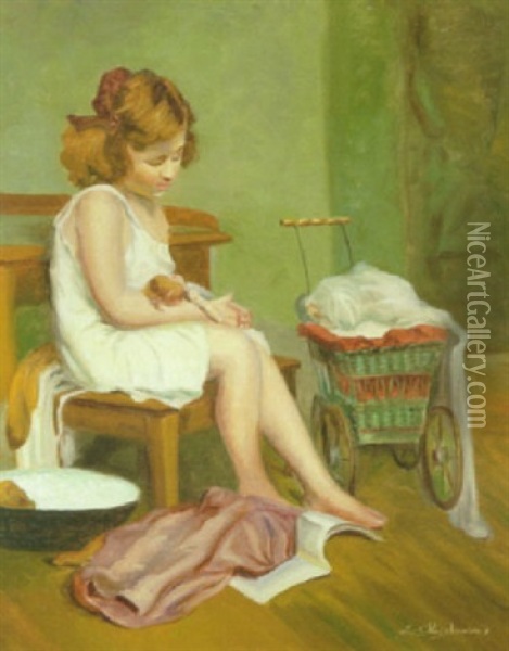 Lille Pige Med Dukke Og Dukkevogn Oil Painting - Emilie Christensen