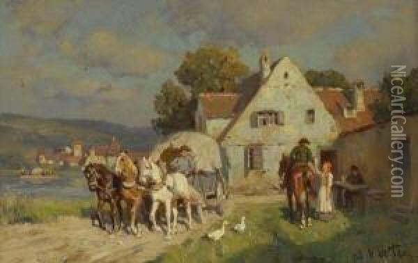 Vor Dem Dorfgasthaus. Oil Painting - Wilhelm Velten