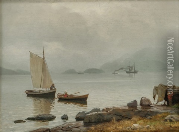 Fjordlandskap Med Folkeliv Oil Painting - Hans Frederick Gude