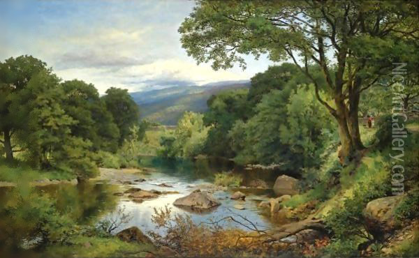 A Welsh Valley Oil Painting - Benjamin Williams Leader