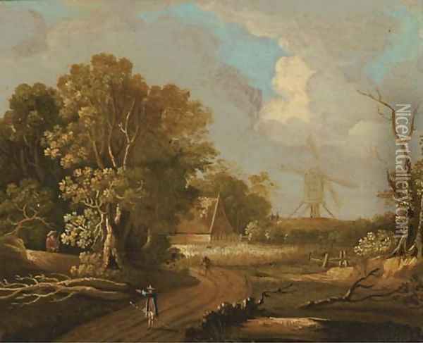 A wooded landscape with travellers on a track, a windmill beyond Oil Painting - Joseph van Bredael