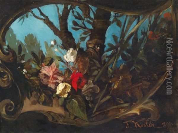Blumenstuck Von Einer Kartusche Umgeben Oil Painting - Franz Xavier Kosler