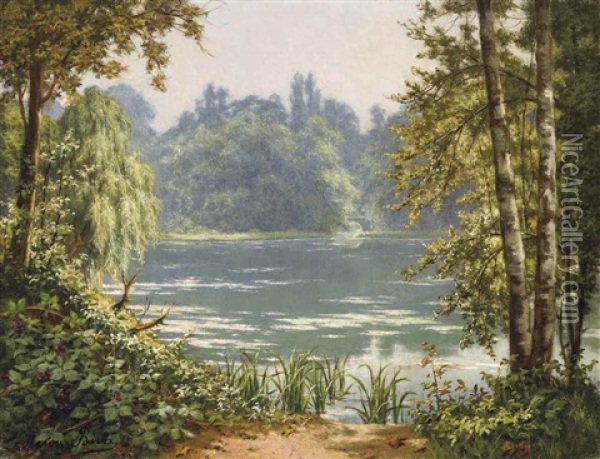 A Woodland Pond Oil Painting - Henri Biva