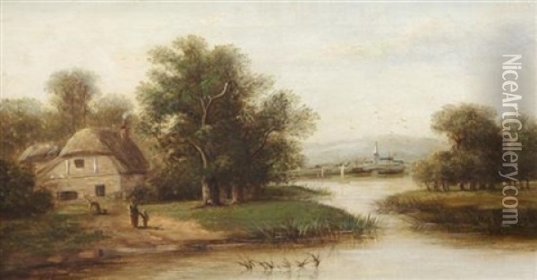 Figures In A River Landscape Oil Painting - John Dearman